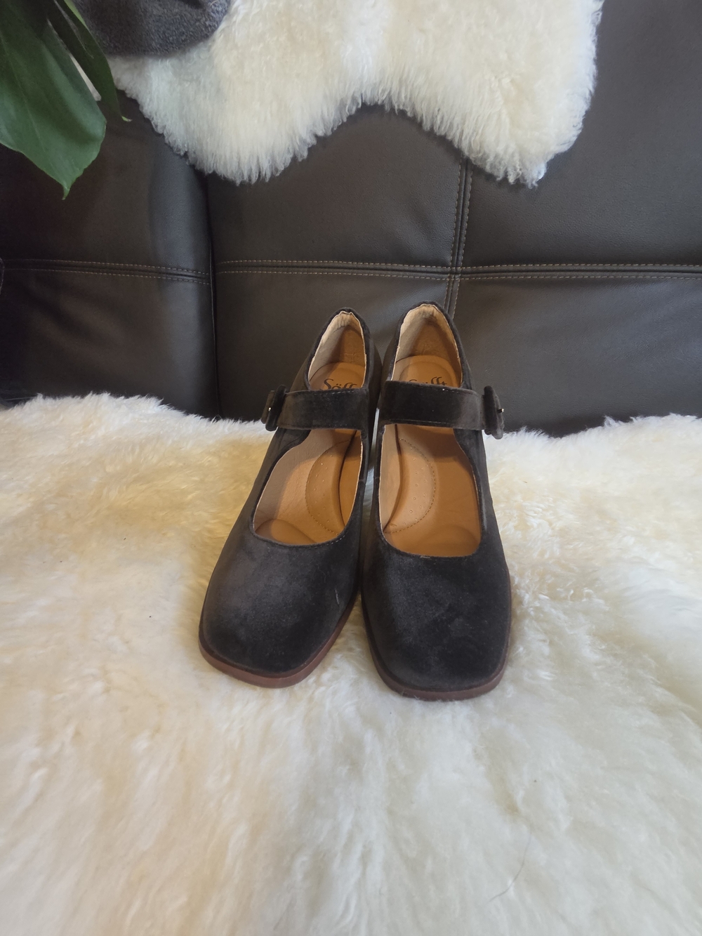 Sofft Green Suede Mary Jane Flats with Round Buckle Strap